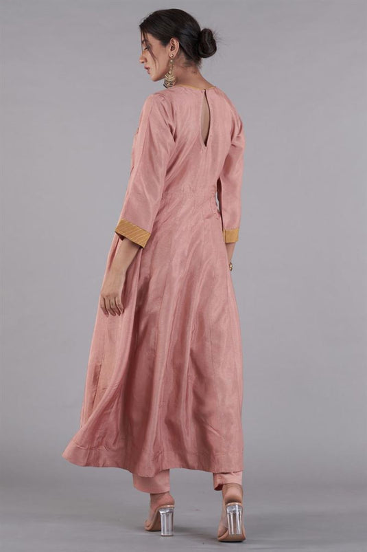 Exclusive Pink Color Silk Fabric Hand Embroidered Party Wear Splendiferous Readymade Anarkali Set