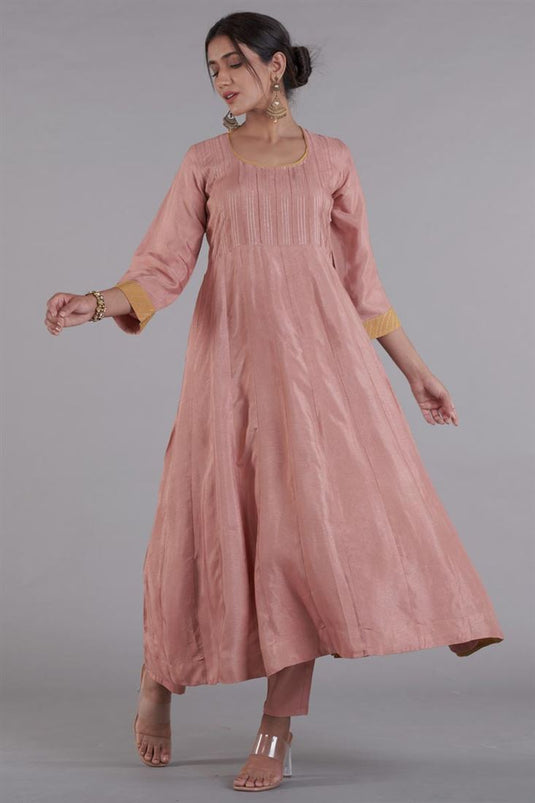 Exclusive Pink Color Silk Fabric Hand Embroidered Party Wear Splendiferous Readymade Anarkali Set