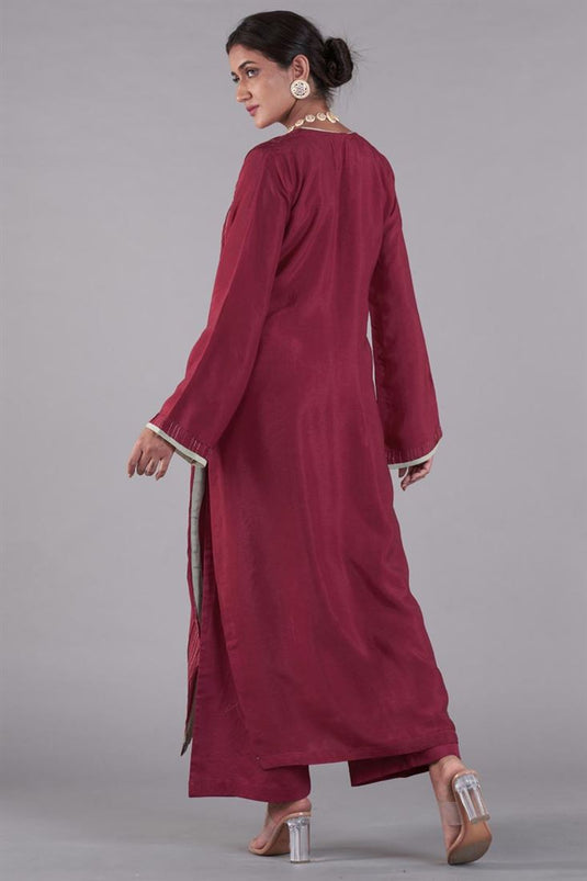 Exclusive Maroon Color Silk Fabric Hand Embroidered Majestic Readymade Straight Cut Kurta