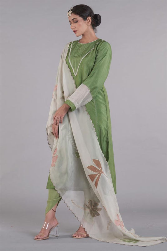 Exclusive Green Color Silk Fabric Hand Embroidered Fascinate Readymade Dhoti Set