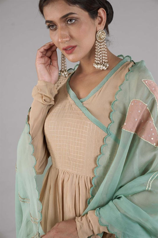 Exclusive Beige Color Silk Fabric Hand Embroidered Reception Wear Glamorous Readymade Sharara Set