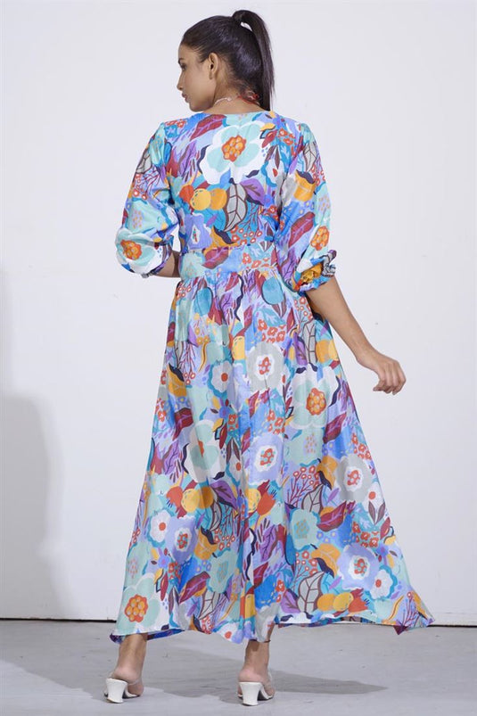 Exclusive Blue Color Silk Fabric Attractive Readymade Maxi Dress