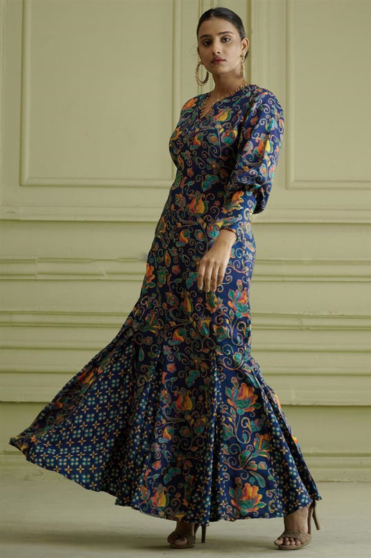 Exclusive Blue Color Silk Fabric Hand Embroidered Alluring Readymade Maxi Dress