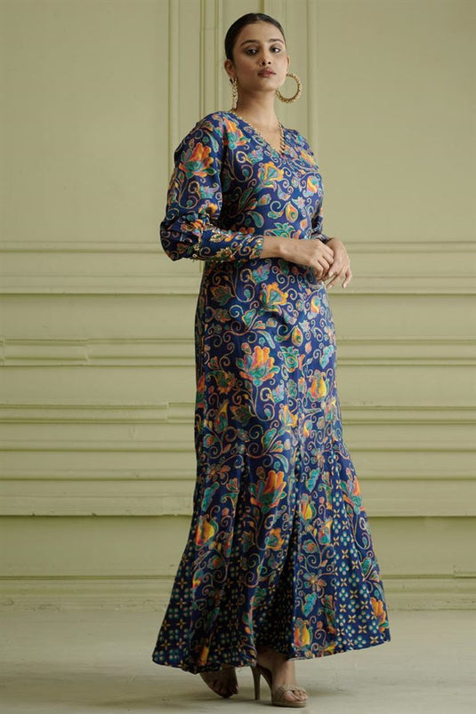 Exclusive Blue Color Silk Fabric Hand Embroidered Alluring Readymade Maxi Dress