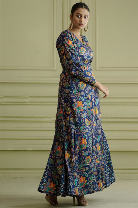 Exclusive Blue Color Silk Fabric Hand Embroidered Alluring Readymade Maxi Dress