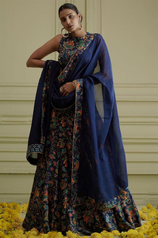 Exclusive Blue Color Silk Fabric Hand Embroidered Graceful Sangeet Wear Readymade Lehenga Choli