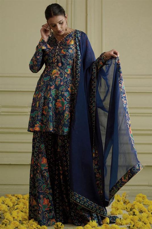 Exclusive Blue Color Silk Fabric Hand Embroidered Sangeet Wear Artistic Readymade Sharara Set