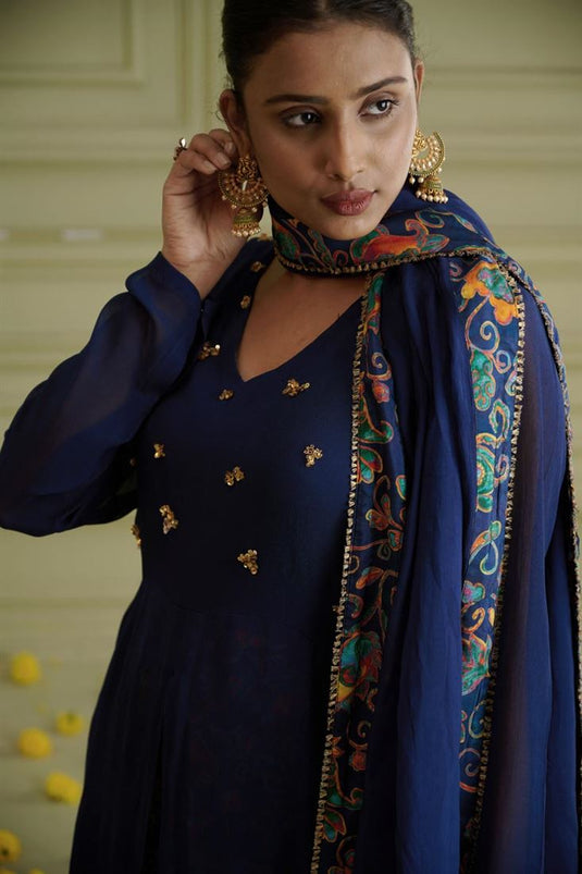 Exclusive Blue Color Georgette Fabric Hand Embroidered Stylish Readymade Kurti With Palazzo Set