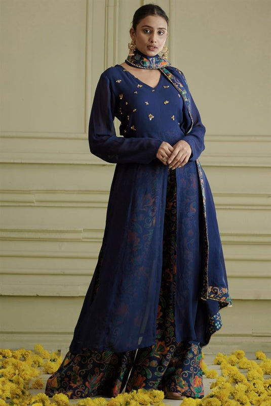 Exclusive Blue Color Georgette Fabric Hand Embroidered Stylish Readymade Kurti With Palazzo Set