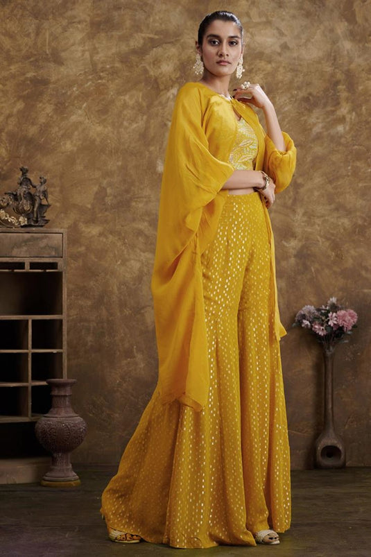 Exclusive Yellow Color Hand Embroidered Party Wear Readymade Sharara Set With Jacket