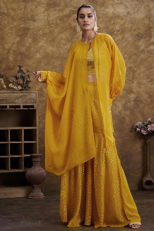 Exclusive Yellow Color Hand Embroidered Party Wear Readymade Sharara Set With Jacket