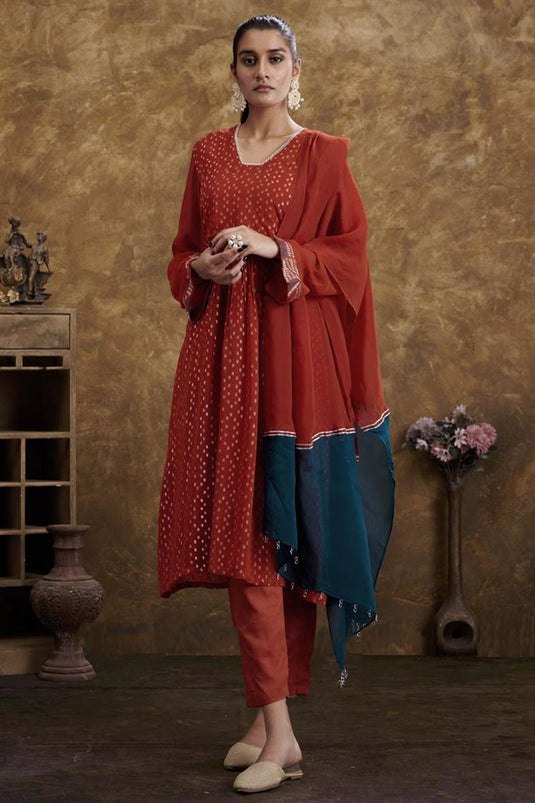 Exclusive Rust Color Georgette Jacquard Fabric Majestic Readymade Kurta Set