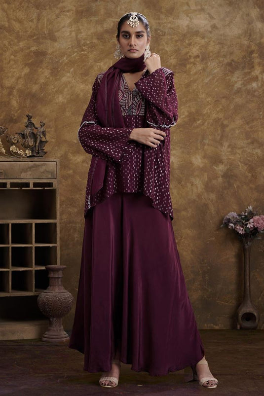 Exclusive Wine Color Georgette Jacquard Fabric Fascinate Readymade Top With Flared Pants