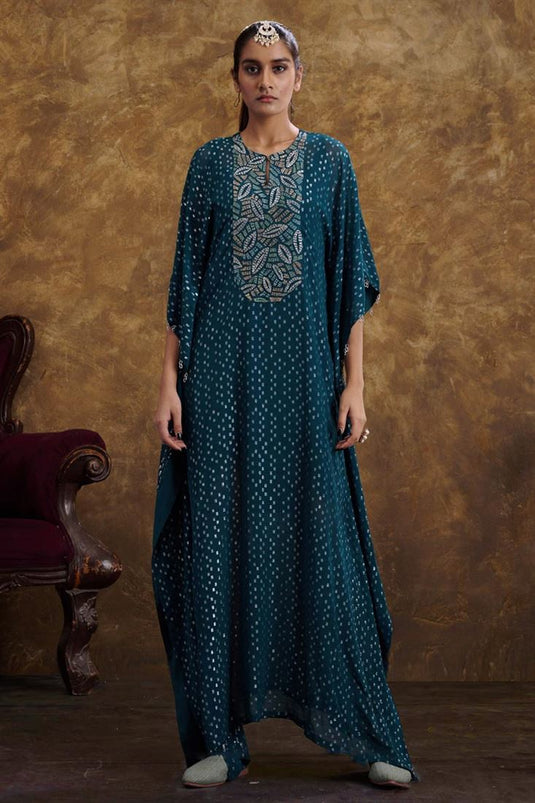 Exclusive Teal Color Georgette Jacquard Fabric Glamorous Readymade Kaftaan