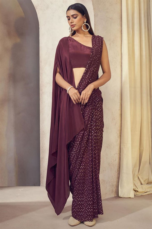 Exclusive Wine Color Georgette Jacquard Fabric Wedding Wear Readymade Saree