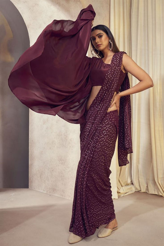 Exclusive Wine Color Georgette Jacquard Fabric Wedding Wear Readymade Saree