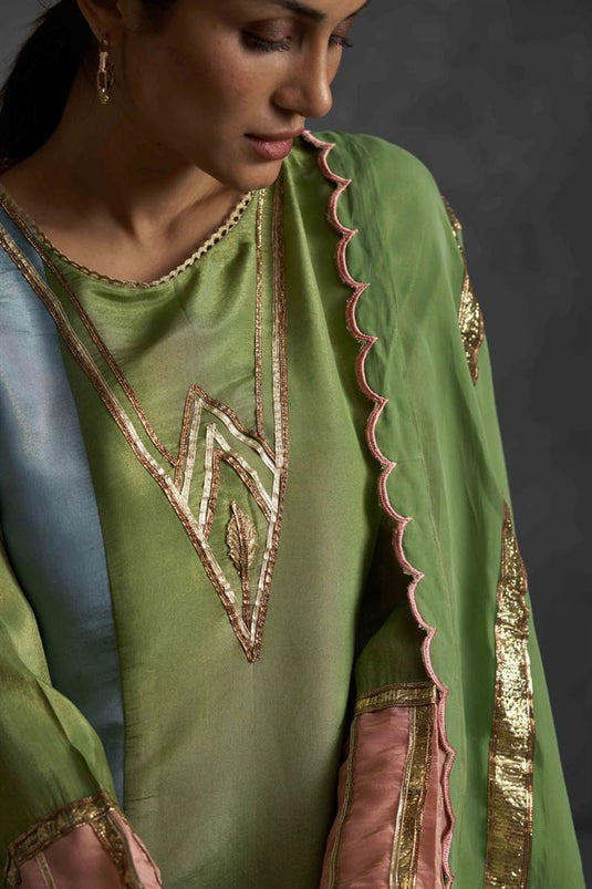 Exclusive Green Color Silk Fabric Hand Embroidered Attractive Readymade Straight Cut Kurta