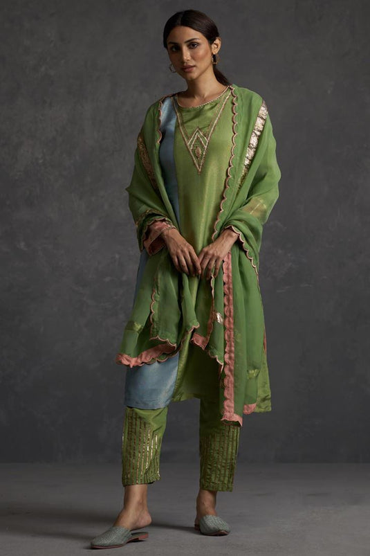 Exclusive Green Color Silk Fabric Hand Embroidered Attractive Readymade Straight Cut Kurta