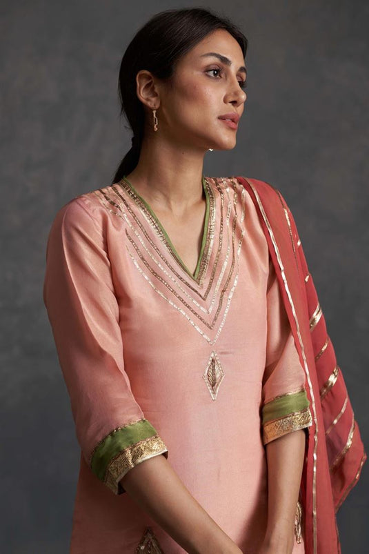 Exclusive Pink Color Silk Fabric Hand Embroidered Festive Wear Enriching Readymade Sharara Set