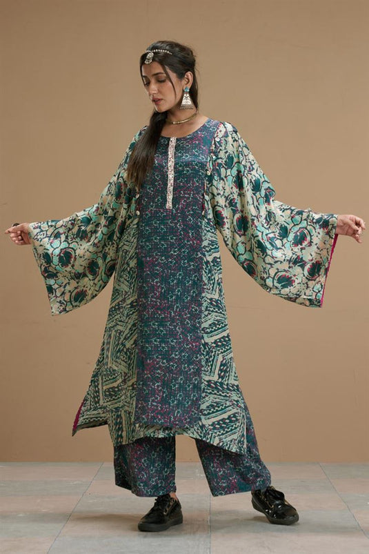 Exclusive Green Color Viscose Crepe Fabric Hand Embroidered Fetching Readymade Kurti With Palazzo