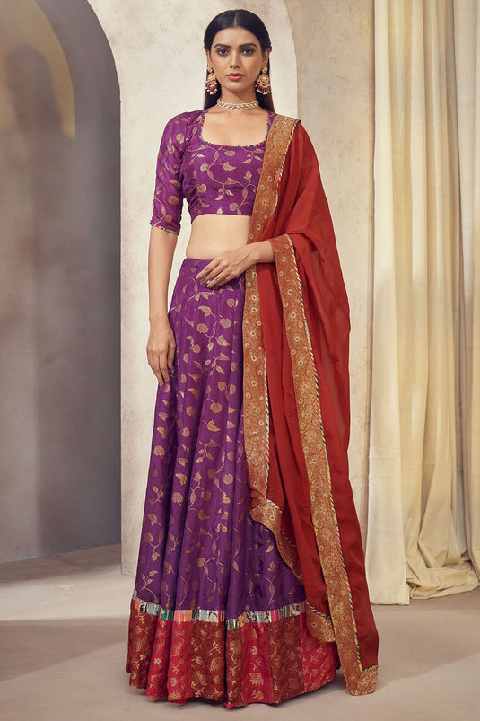 Exclusive Purple Color Dola Silk Jacquard Fabric Weaving Jacquard Readymade Designer Lehenga Choli