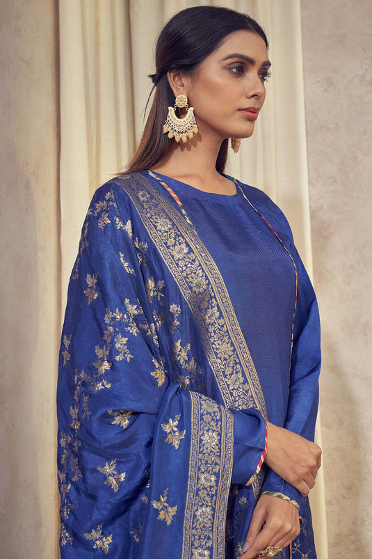 Exclusive Blue Color Dola Silk Jacquard Fabric Weaving Jacquard Readymade Banarasi Kurta Set