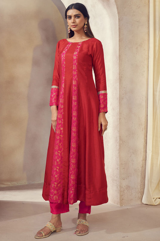 Exclusive Red Color Dola Silk Jacquard Fabric Weaving Jacquard Readymade Anarkali Kurta Set