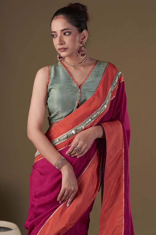 Exclusive Pink Color Art Silk Fabric Embroidered Work Party Wear Designer Readymade Classic Saree
