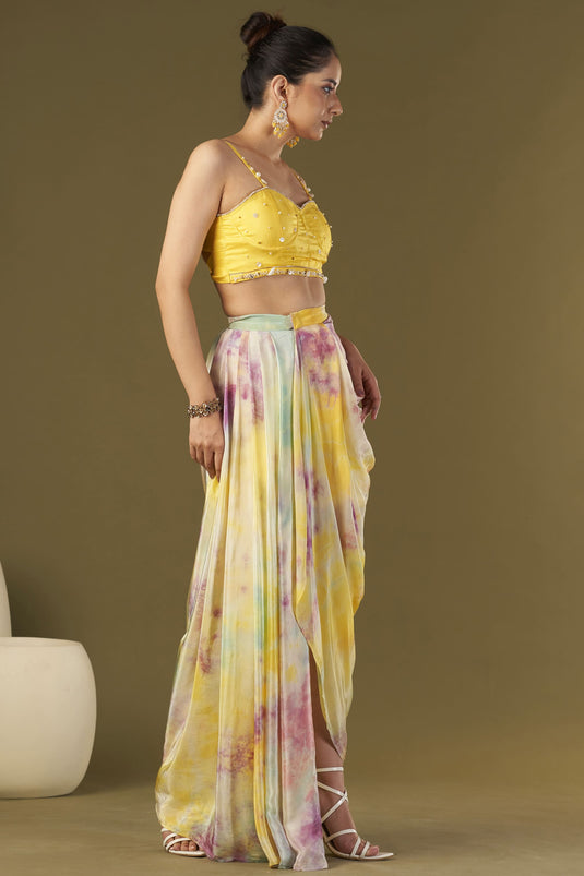 Exclusive Yellow Color Viscose Crepe Fabric Embroidered Work Party Wear Designer Readymade Draped Skirt Set