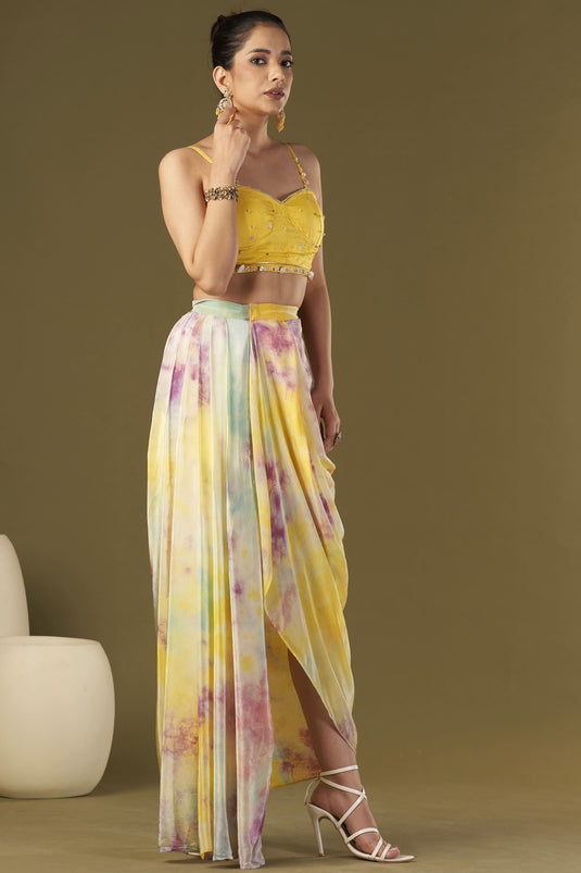 Mustard yellow Crepe digital Print party Wear Suit with Hand embroidery Work on neck main image 0