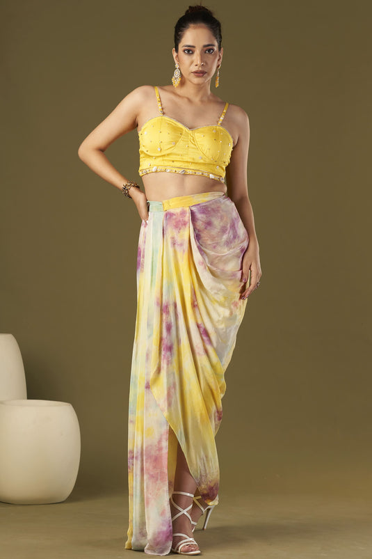 Exclusive Yellow Color Viscose Crepe Fabric Embroidered Work Party Wear Designer Readymade Draped Skirt Set