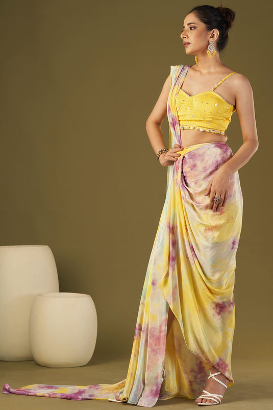 Exclusive Yellow Color Viscose Crepe Fabric Embroidered Work Party Wear Designer Readymade Pre Draped Saree