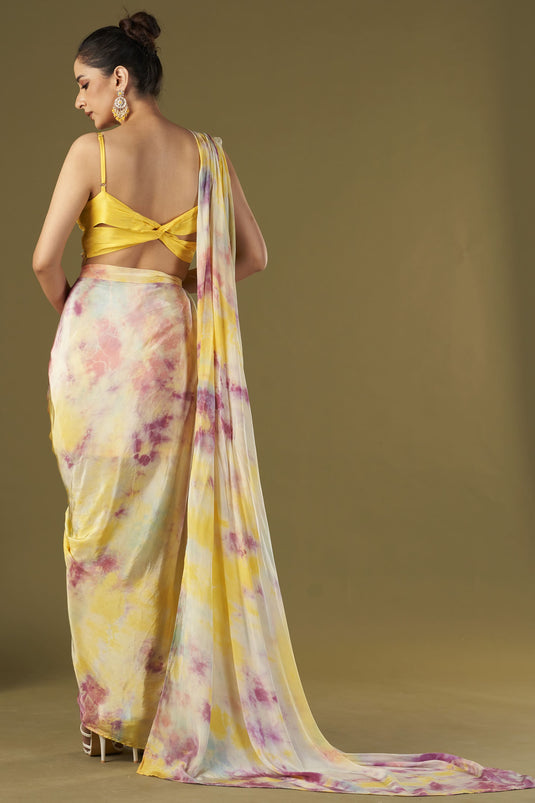 Exclusive Yellow Color Viscose Crepe Fabric Embroidered Work Party Wear Designer Readymade Pre Draped Saree