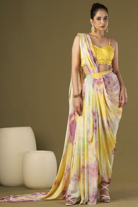 Exclusive Yellow Color Viscose Crepe Fabric Embroidered Work Party Wear Designer Readymade Pre Draped Saree