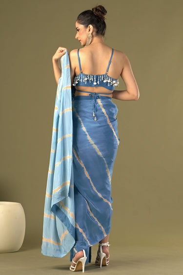 Exclusive Blue Color Viscose Crepe Fabric Embroidered Work Party Wear Designer Readymade Pre Draped Saree