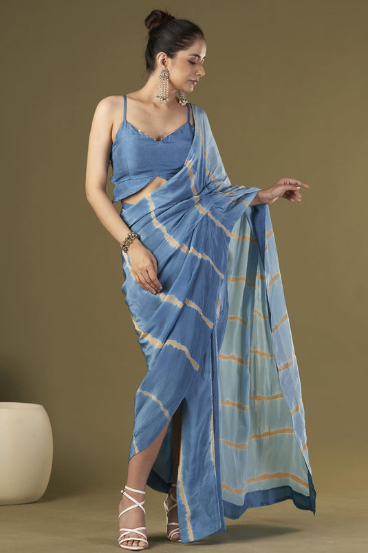 Exclusive Blue Color Viscose Crepe Fabric Embroidered Work Party Wear Designer Readymade Pre Draped Saree