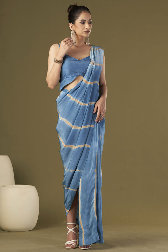 Exclusive Blue Color Viscose Crepe Fabric Embroidered Work Party Wear Designer Readymade Pre Draped Saree