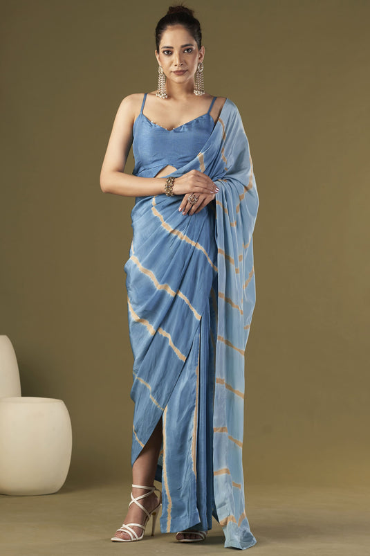 Exclusive Blue Color Viscose Crepe Fabric Embroidered Work Party Wear Designer Readymade Pre Draped Saree