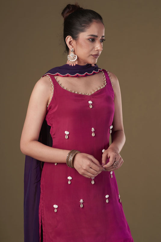 Exclusive Pink Color Viscose Crepe Fabric Embroidered Work Party Wear Designer Readymade Sharara Kurta Set