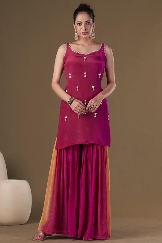 Exclusive Pink Color Viscose Crepe Fabric Embroidered Work Party Wear Designer Readymade Sharara Kurta Set