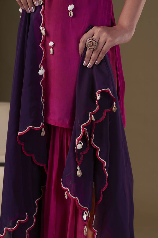 Exclusive Pink Color Viscose Crepe Fabric Embroidered Work Party Wear Designer Readymade Sharara Kurta Set