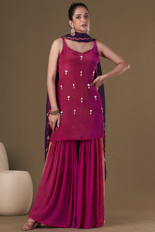 Exclusive Pink Color Viscose Crepe Fabric Embroidered Work Party Wear Designer Readymade Sharara Kurta Set