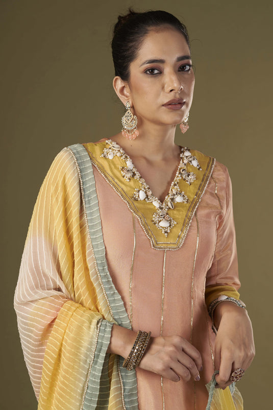 Exclusive Peach Color Tissue Silk Fabric Embroidered Work Party Wear Designer Readymade Anarkali Style Kurta Set