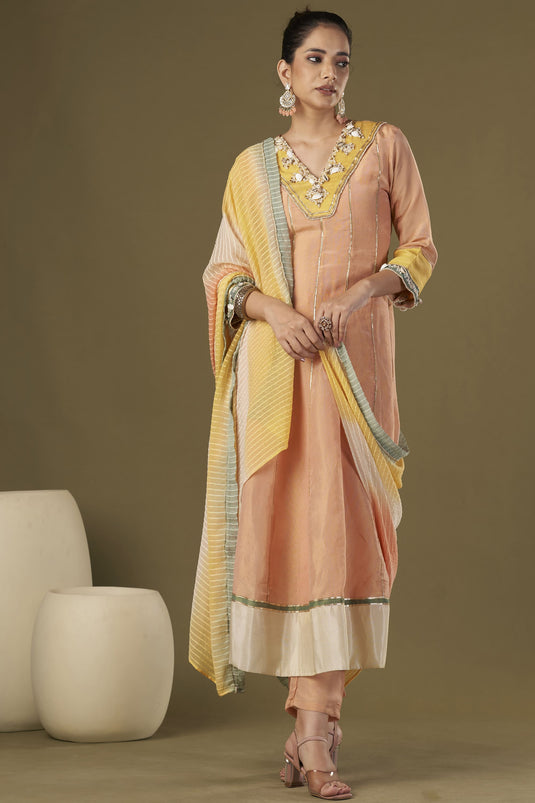 Exclusive Peach Color Tissue Silk Fabric Embroidered Work Party Wear Designer Readymade Anarkali Style Kurta Set