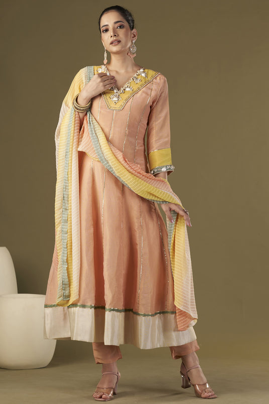 Exclusive Peach Color Tissue Silk Fabric Embroidered Work Party Wear Designer Readymade Anarkali Style Kurta Set