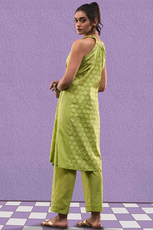 Exclusive Green Color Cotton Jacquard Fabric Party Wear Designer Readymade Fusion Kurta Set