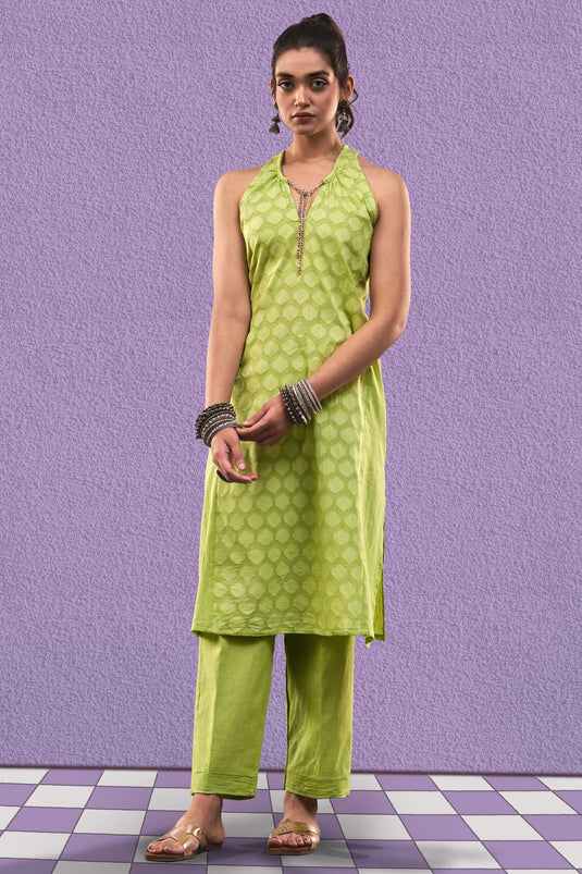 Exclusive Green Color Cotton Jacquard Fabric Party Wear Designer Readymade Fusion Kurta Set