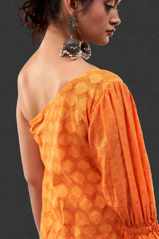 Exclusive Orange Color Cotton Jacquard Fabric Party Wear Designer Readymade Fusion Kurta Set