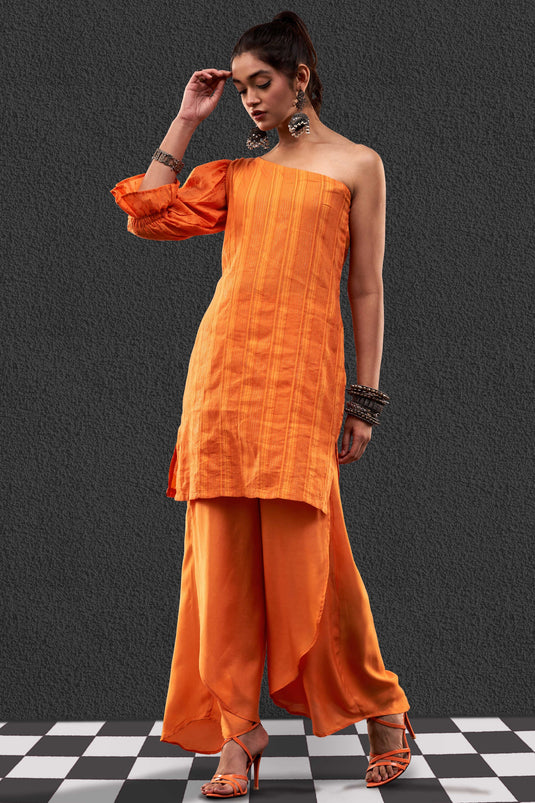 Exclusive Orange Color Cotton Jacquard Fabric Party Wear Designer Readymade Fusion Kurta Set