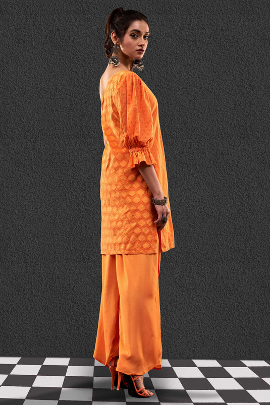 Exclusive Orange Color Cotton Jacquard Fabric Party Wear Designer Readymade Fusion Kurta Set